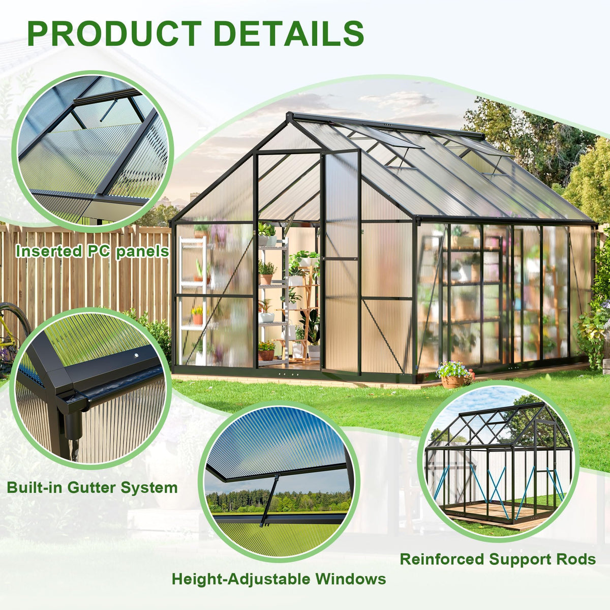 8x12 FT Outdoor Walk-in Polycarbonate Greenhouse
