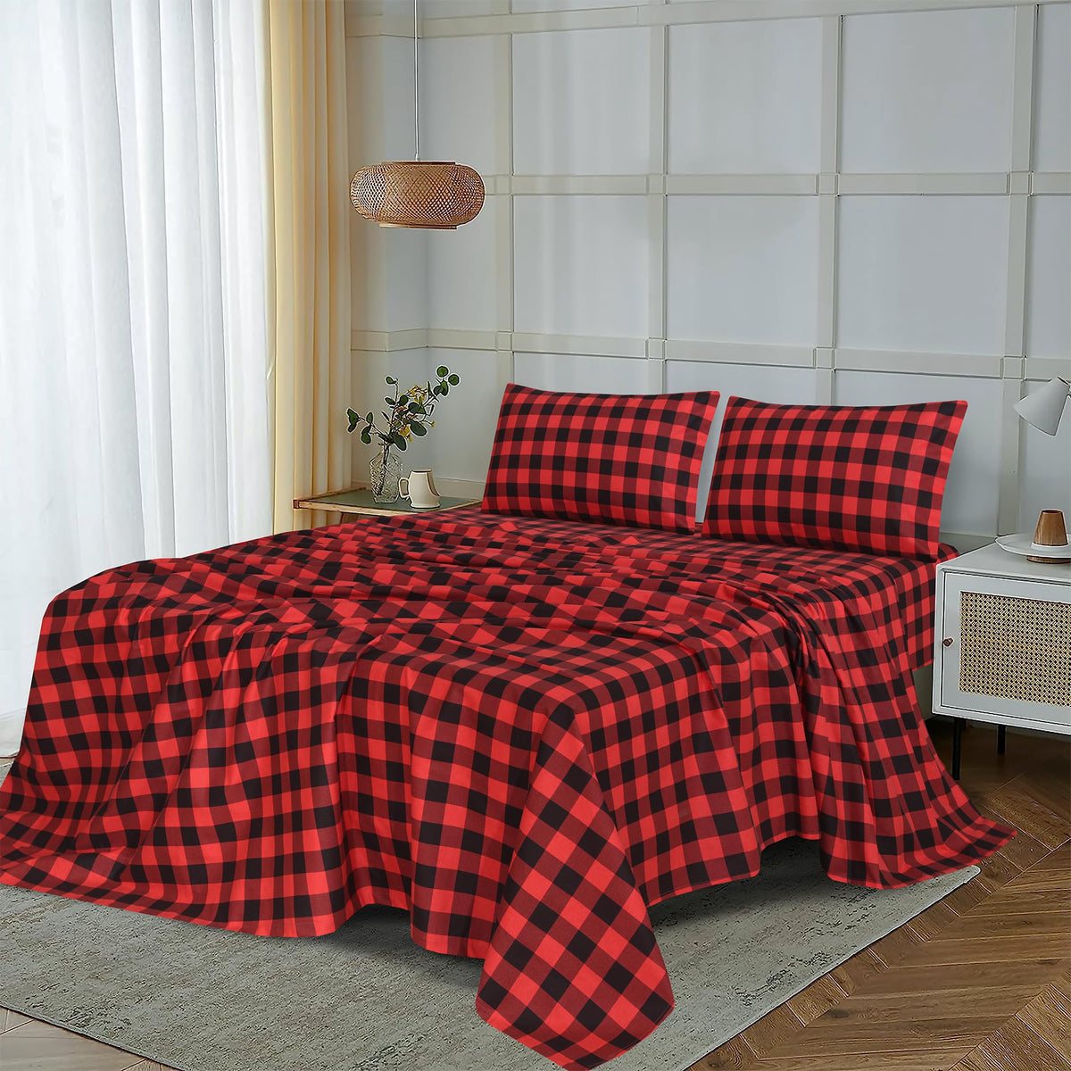 100% Cotton Flannel Sheets, 4 PCs, Red & Black Plaid
