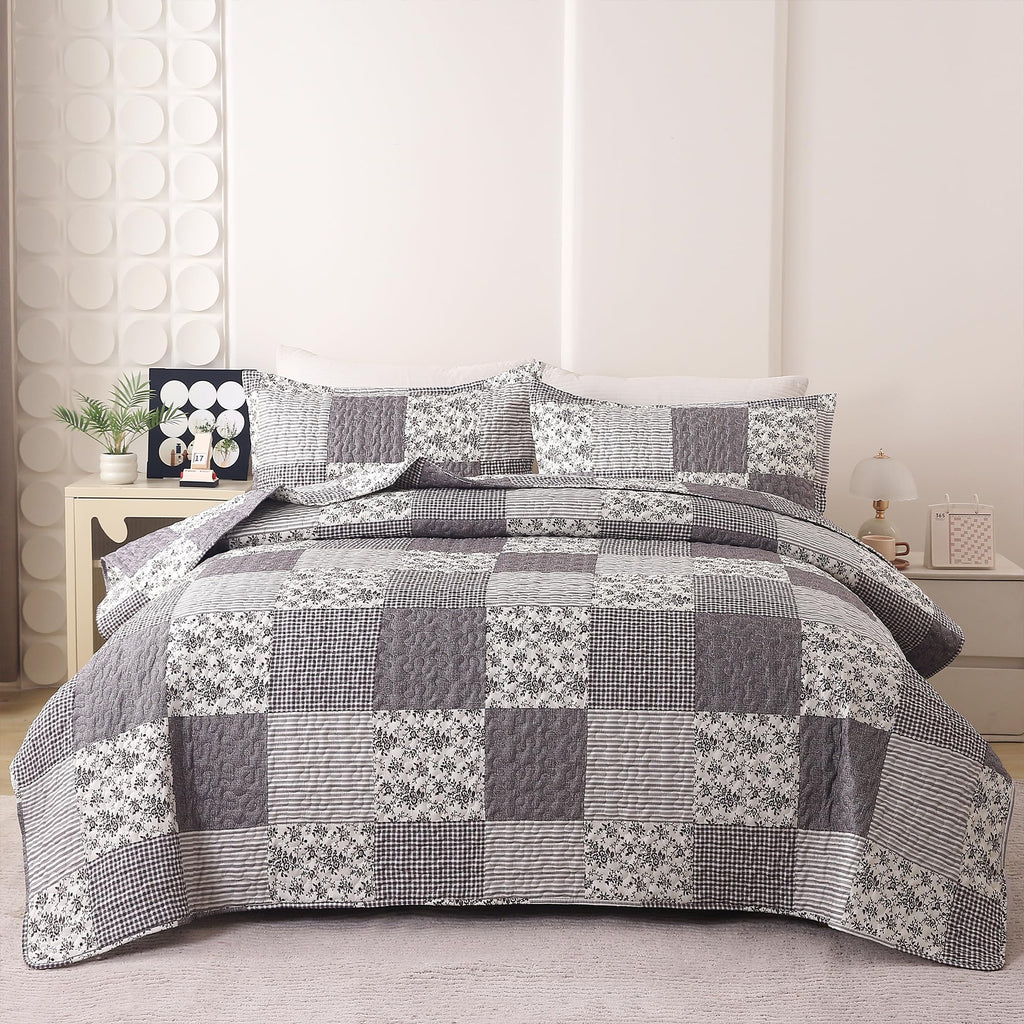 3Pcs Quilt Set, Floral Prints and Stripes with Patchwork Pattern