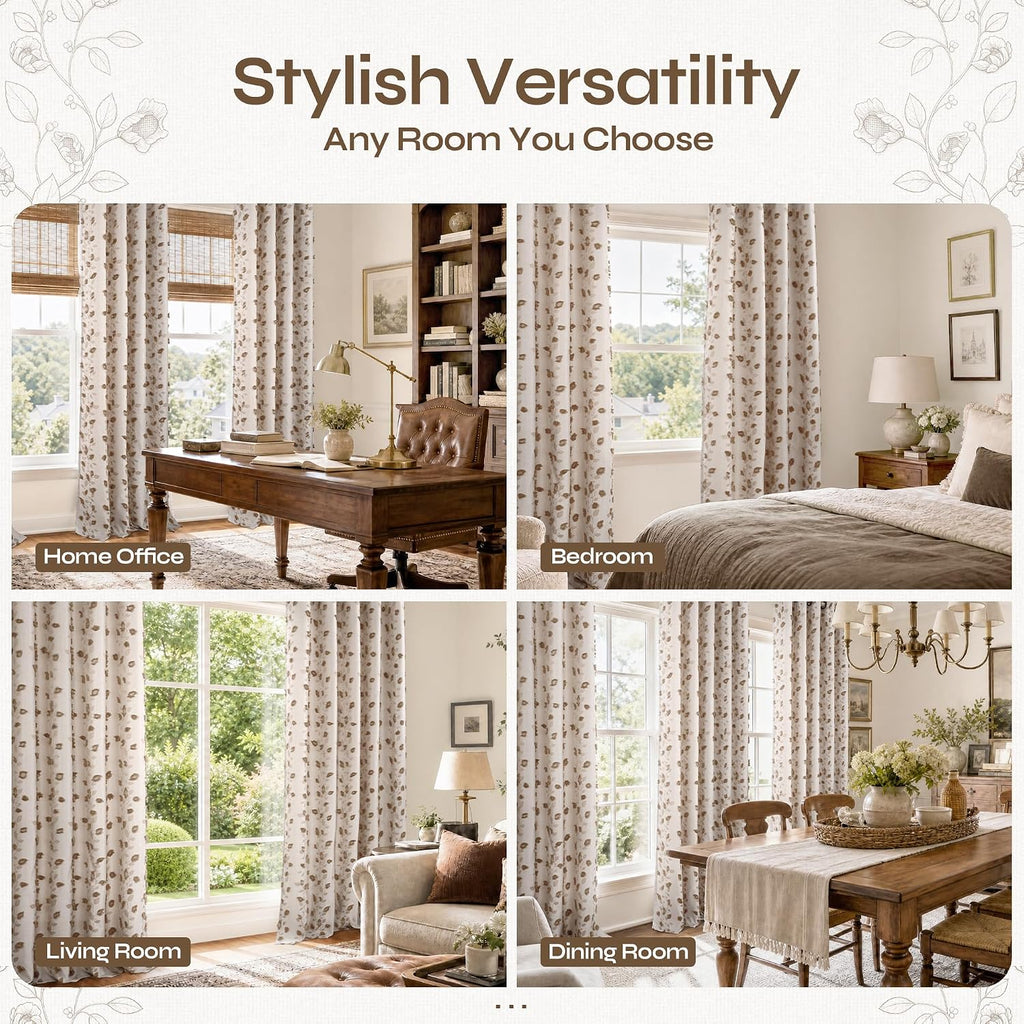 Brown Linen Curtains (Set of 2 Panels), Fall Boho Jacquard Leaf Botanical Pattern with Pom Pom Elegant Luxury Soft Farmhouse Vintage