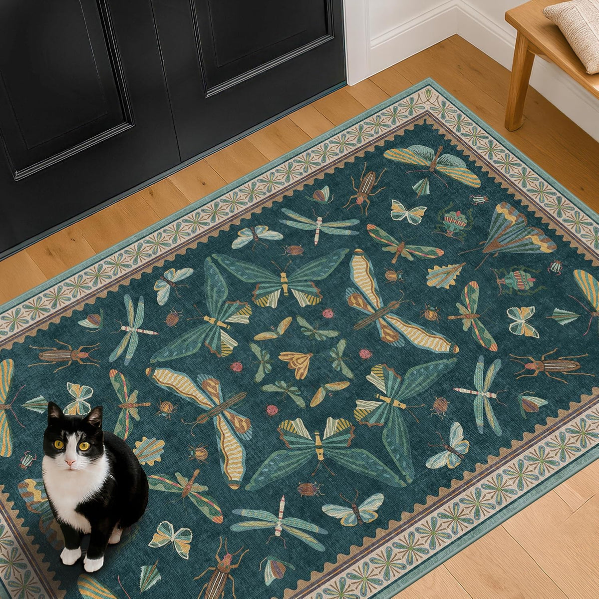 Teal Entryway Rug - Door Rug Indoor for Large Kitchen, Living Room, Washable Low Pile Insect Décor