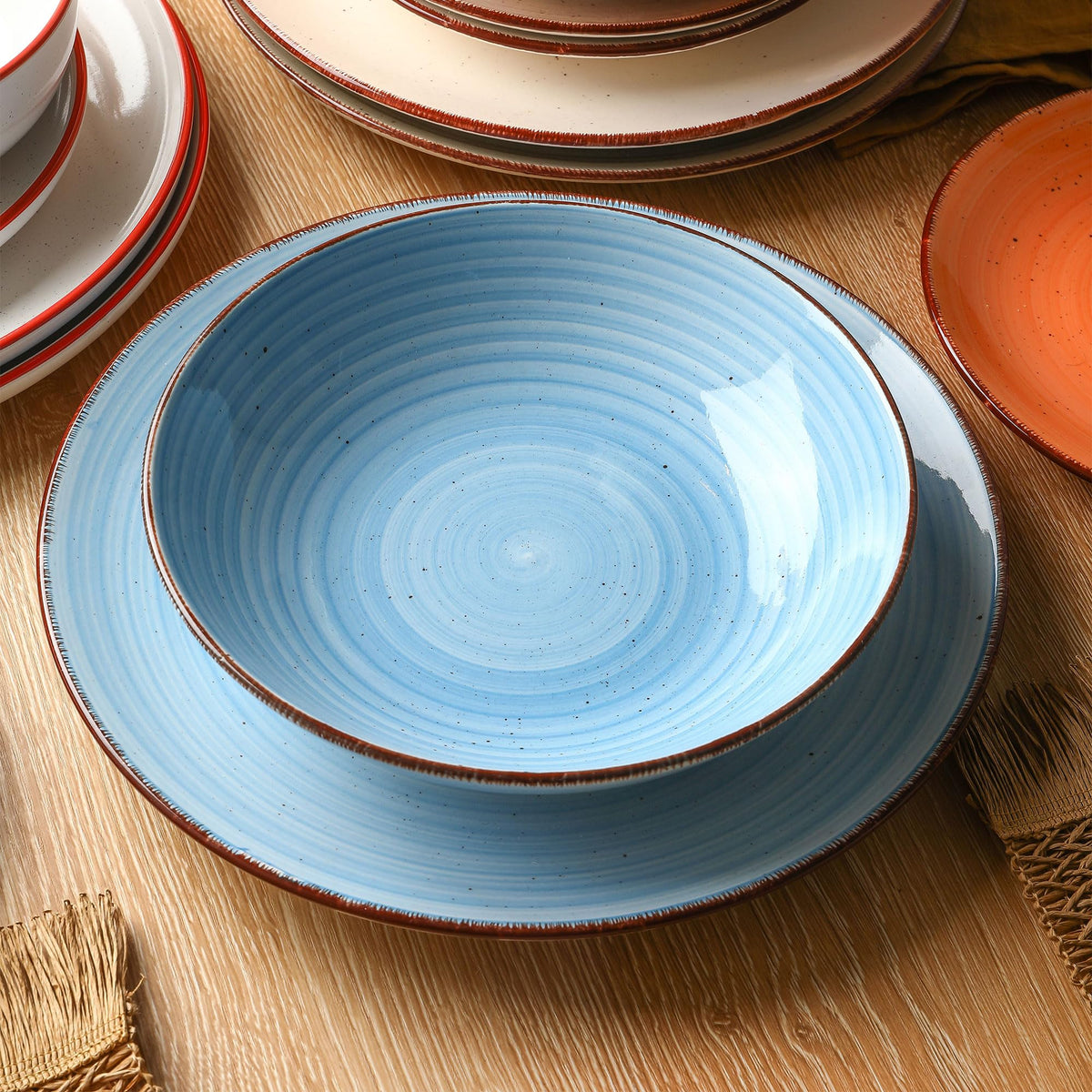 Dinnerware Sets for 6, 18 Piece Stoneware Plates and Bowls Set, Blue