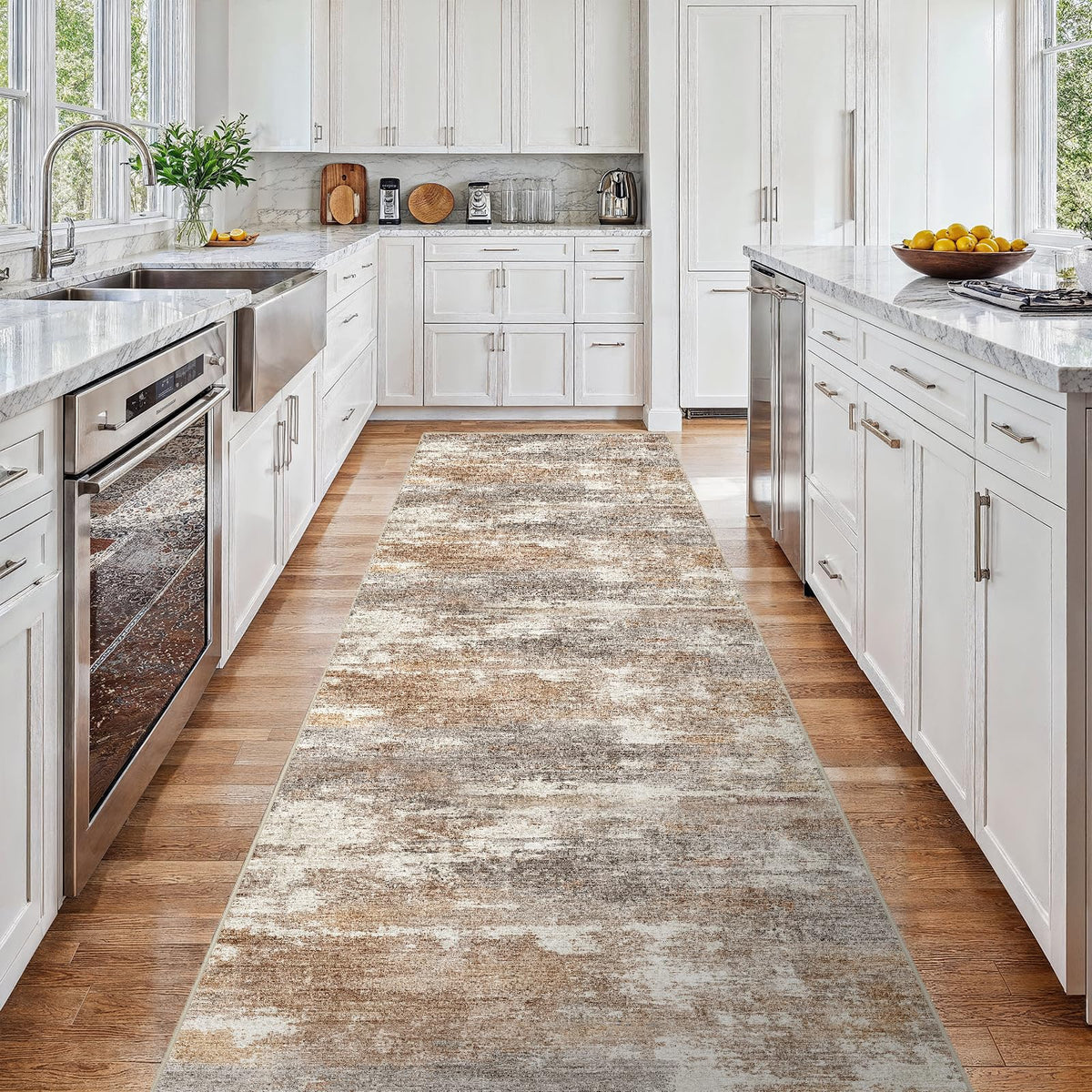 Runner Rug Washable Abstract: Non Slip Hallway Floor Mat Brown/Brick