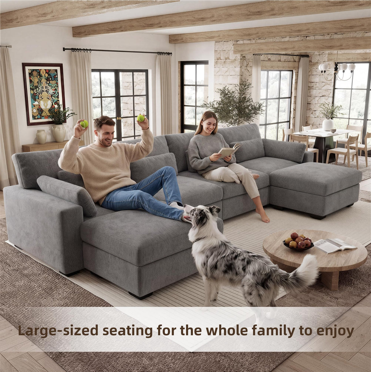 146.5'' Modular Sectional Sofa, U Shaped Oversized Extra Deep Couches, 4-Seat Chenille Couch with Wooden Legs