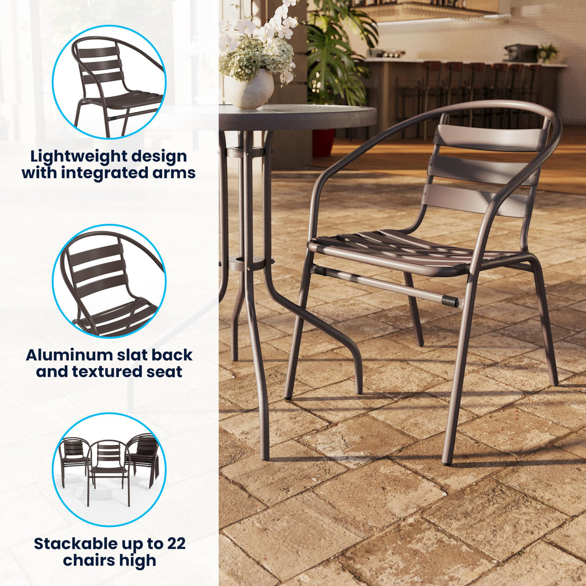 Lila Bronze Metal Restaurant Stack Chair with Metal Slats