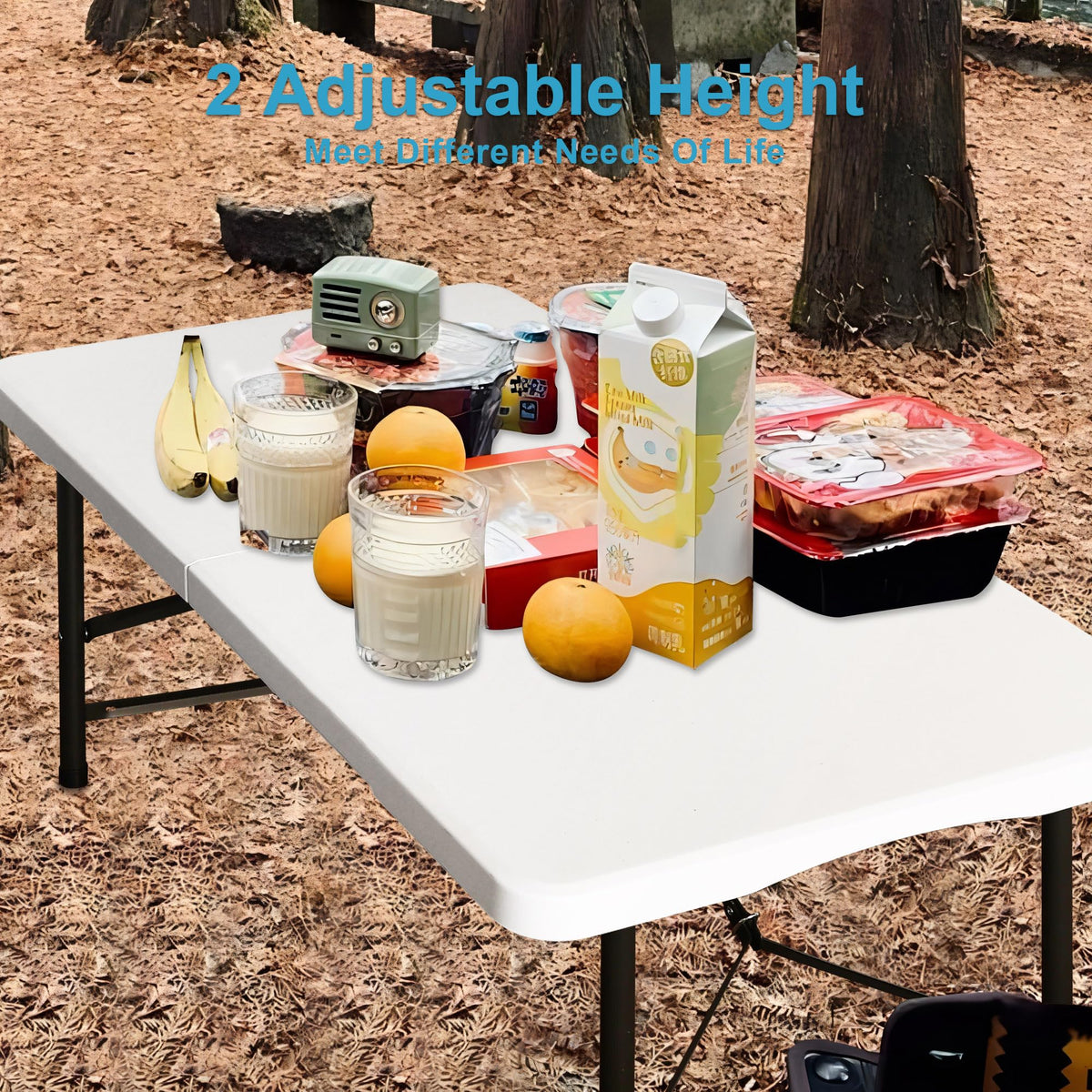 4ft Portable Folding White Event Table, Plastic Pinic Camping Table wiht 2 Adjustable Heights, Indoor Outdoor Heavy