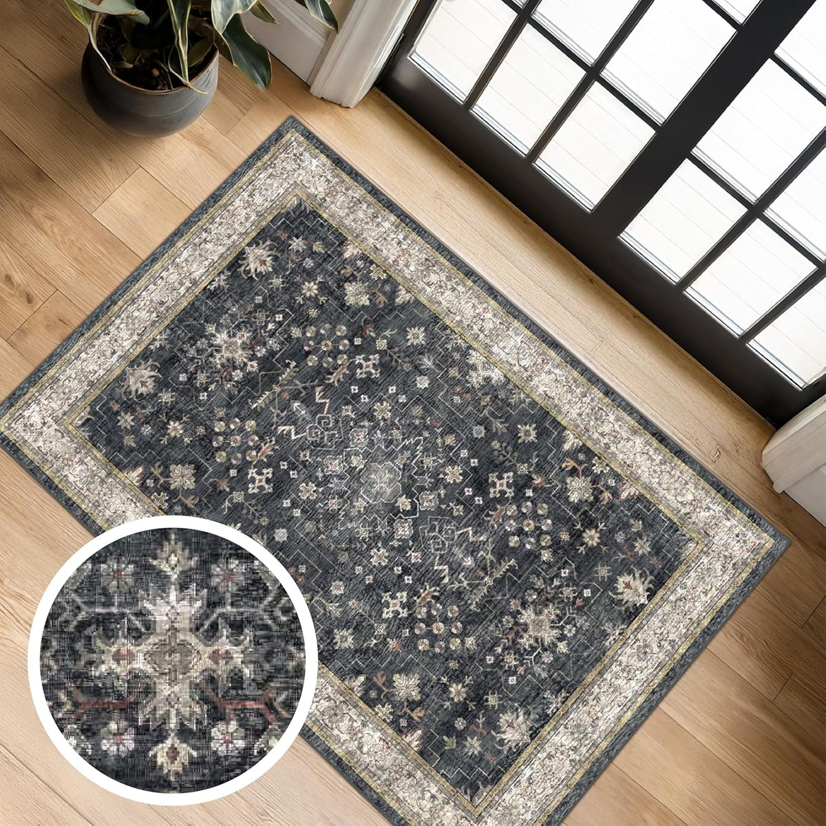 Black Washable Entryway Rug, Non-Slip Indoor Door Mat with Rubber Backing Vintage Floral