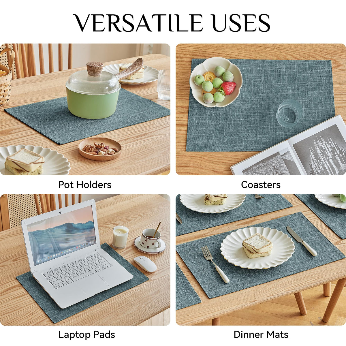 Faux Linen Cloth Placemats Set of 6-12 x 18 Inch, Light Blue