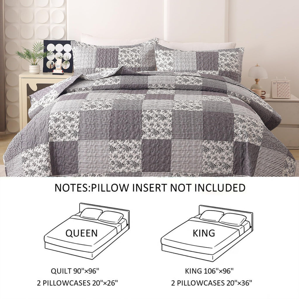 3Pcs Quilt Set, Floral Prints and Stripes with Patchwork Pattern