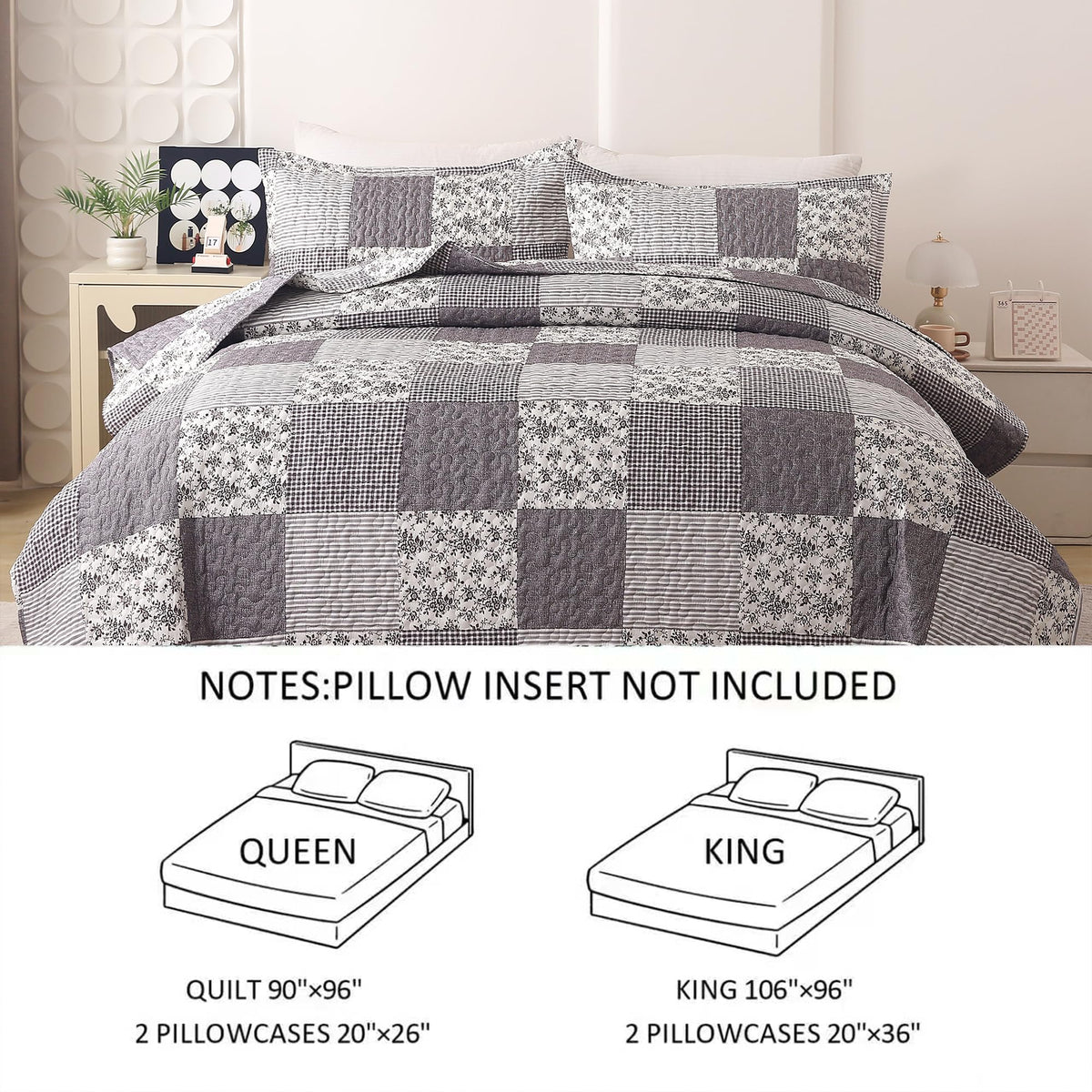 3Pcs Quilt Set, Floral Prints and Stripes with Patchwork Pattern