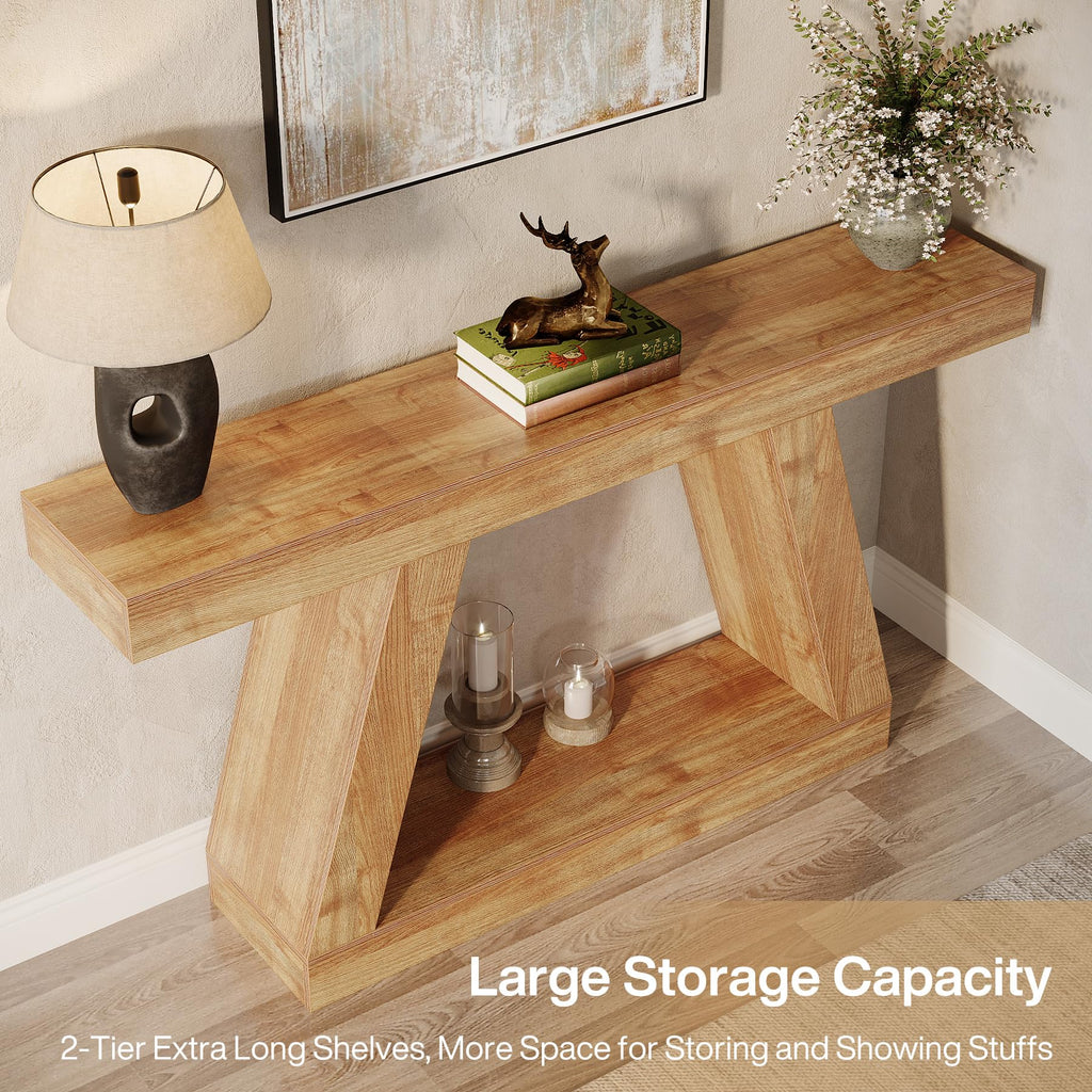Farmhouse Console Table, 55-Inch Rustic Sofa Table with Storage, Industrial Wooden Entryway Table, Natural Brown