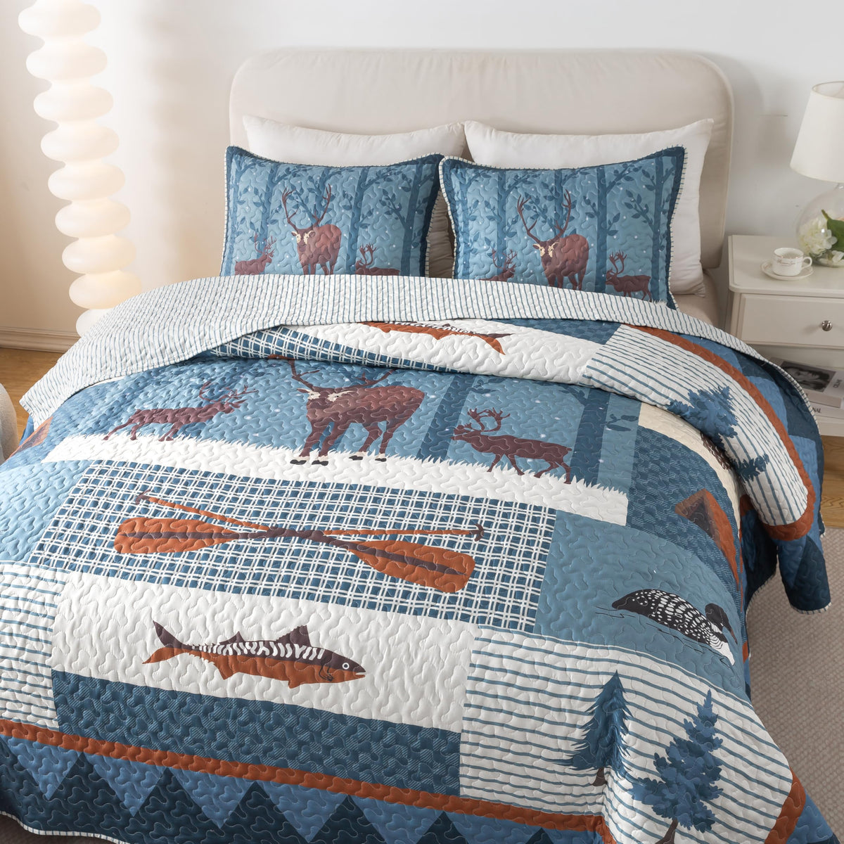 Wildlife Fish Quilt Set, Cabin Bedding, with 2 Shams