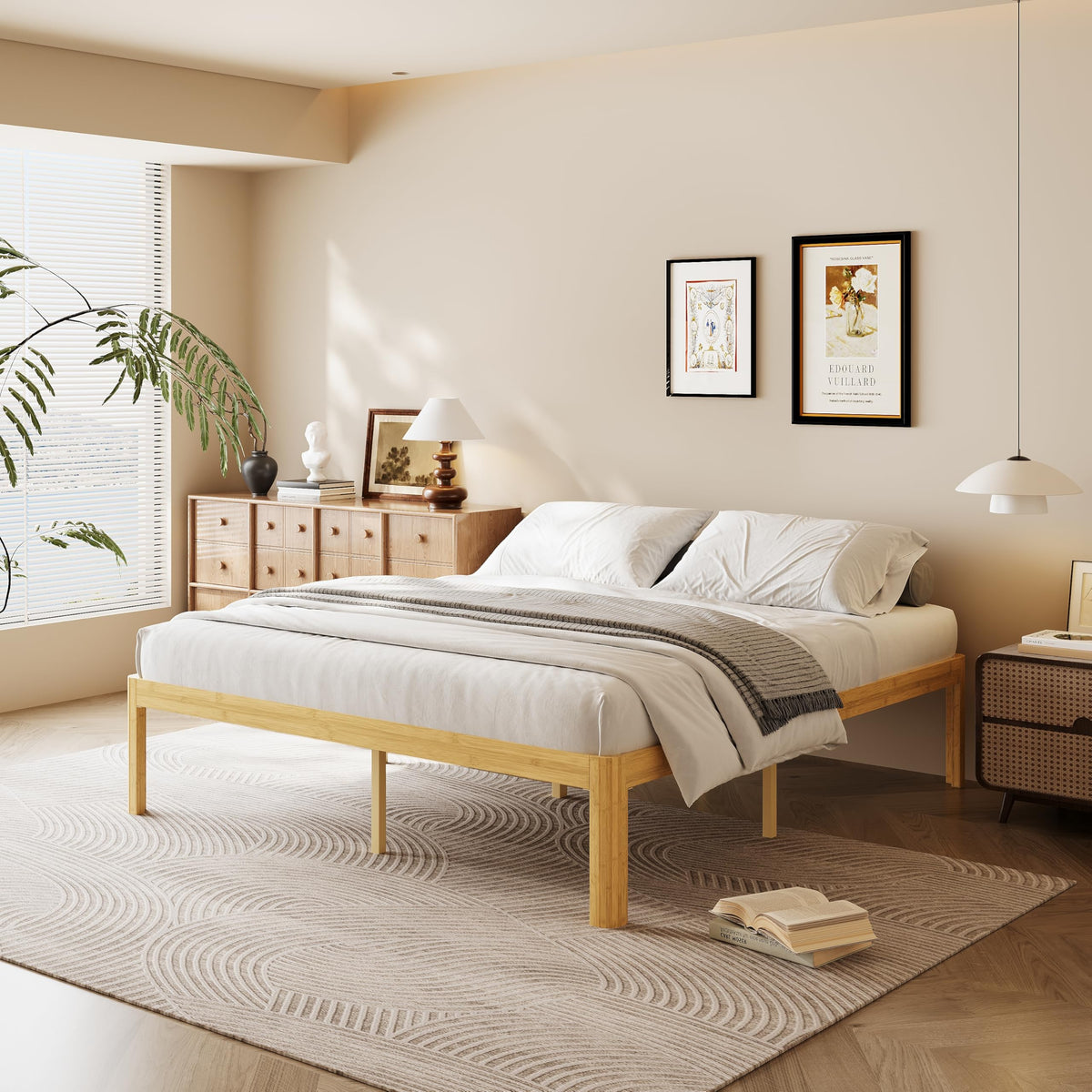 18 Inch Cal King Size Wood Bed Frame with Storage & Round Leg