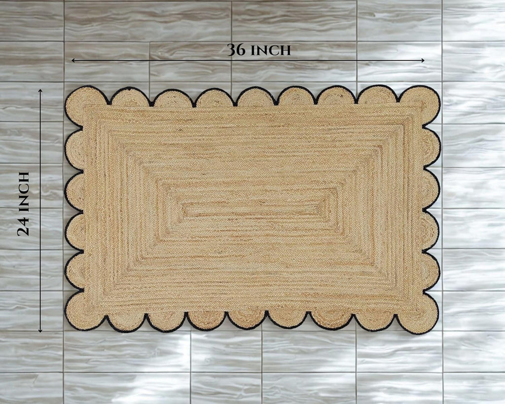 Scalloped Jute Area Rug - 2x3 Ft Natural Handwoven Rug with Black Trim - Farmhouse Boho Entryway Accent Rug Indoor
