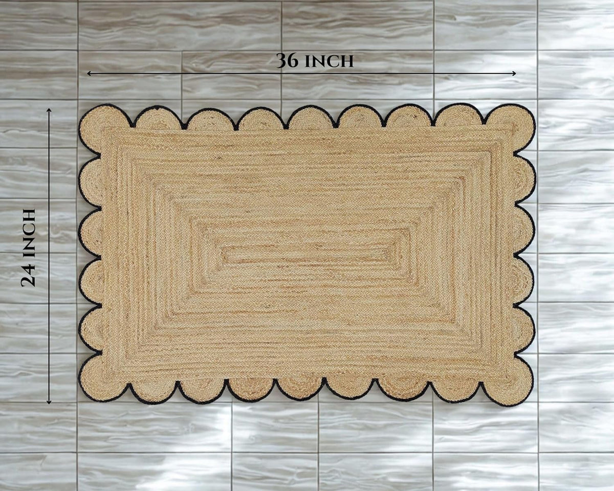 Scalloped Jute Area Rug - 2x3 Ft Natural Handwoven Rug with Black Trim - Farmhouse Boho Entryway Accent Rug Indoor