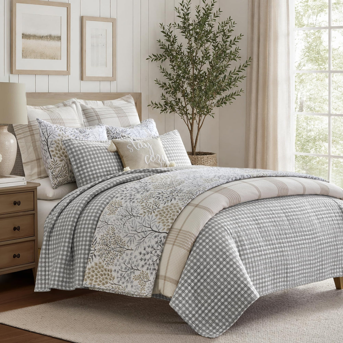 Camden Gingham Stitch Grey Quilt Set - 106x92in. Quilt and Two 20x36in. Shams - Grey and Ivory Gingham