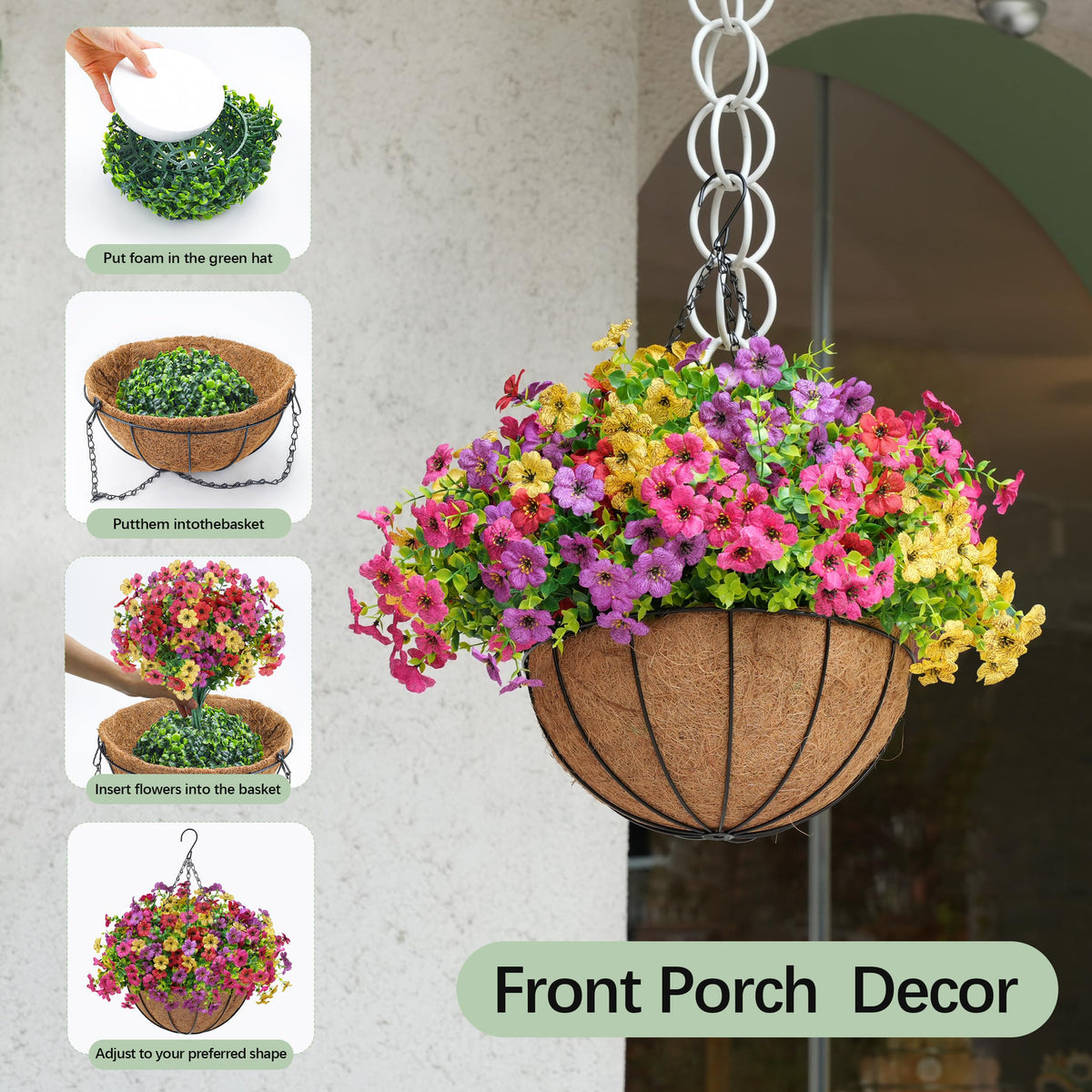 Artificial Hanging Flowers Basket for Outdoors Outside Fake Hanging Plants Spring Summer Decoration UV Resistant for