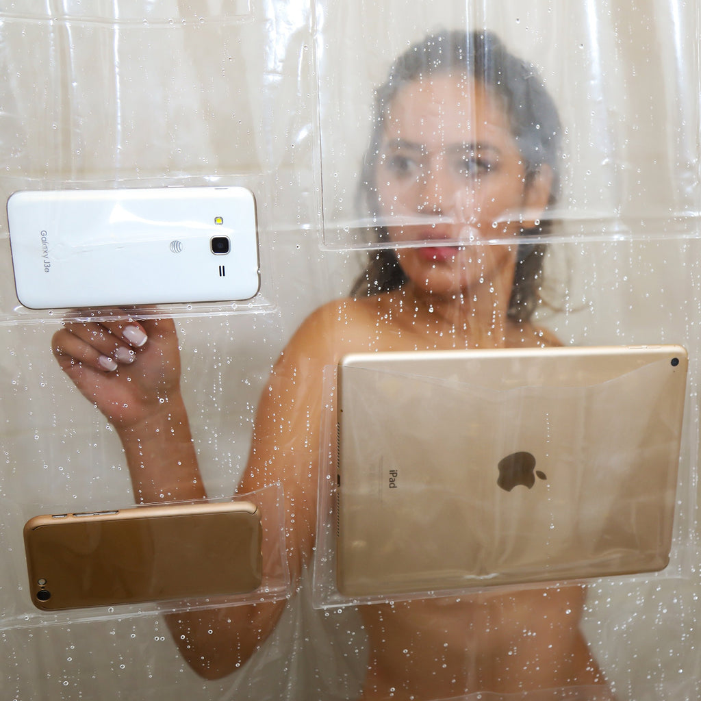17 Pocket Shower Curtain Liner - Holds Your iPad, Phone, Tablet or Baby Monitor. Completely Waterproof. Thick EVA
