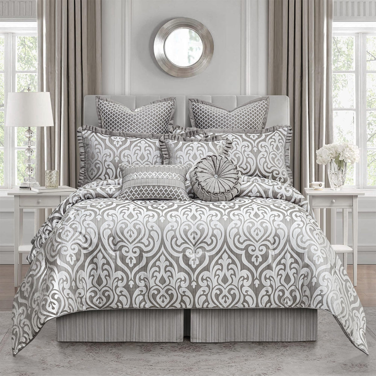9 PCS Contemporary Jacquard Comforter Set, Silver Gray