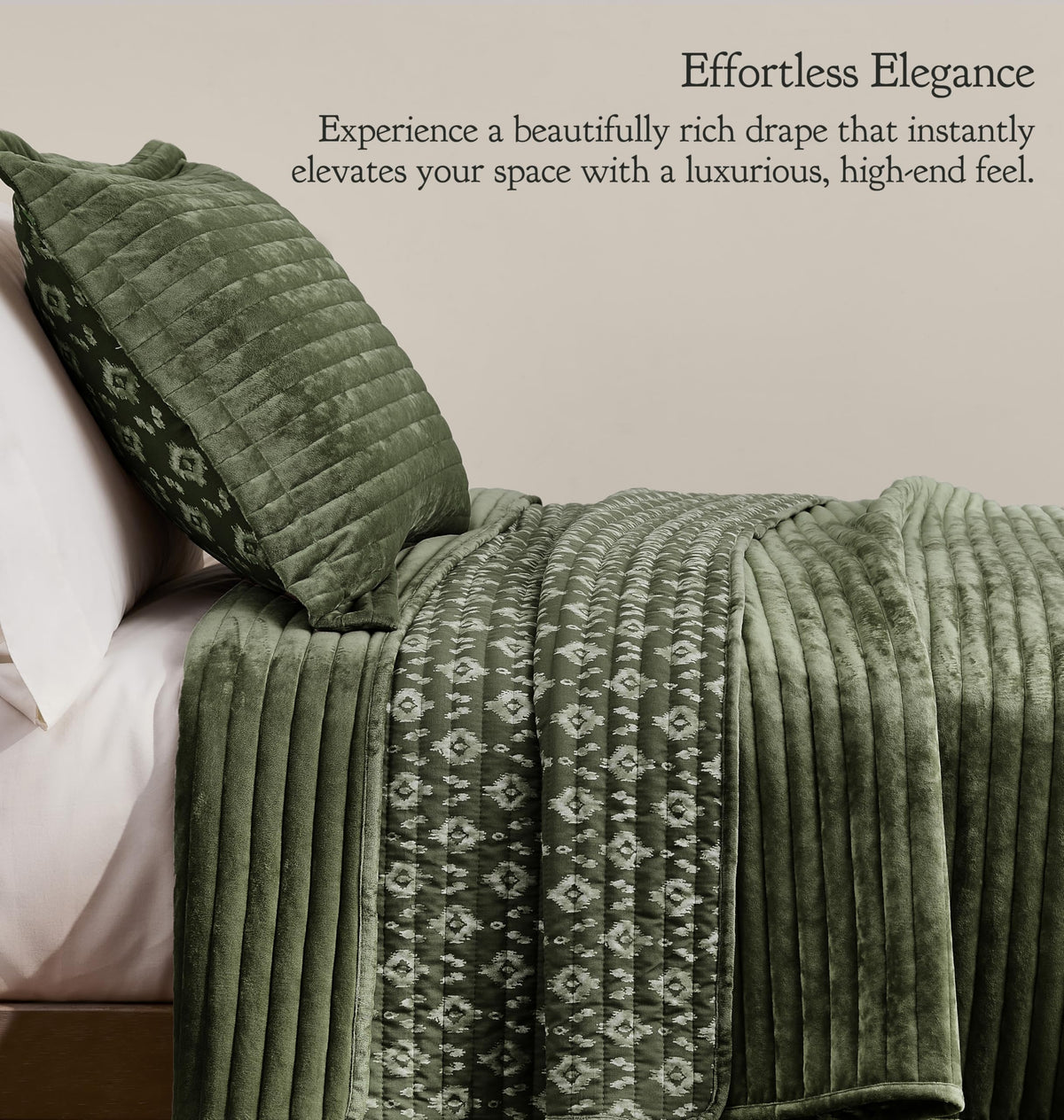 Green Velvet Quilt Set - Striped Soft Lightweight Bedspread, Neutral Channel Farmhouse Country Rustic
