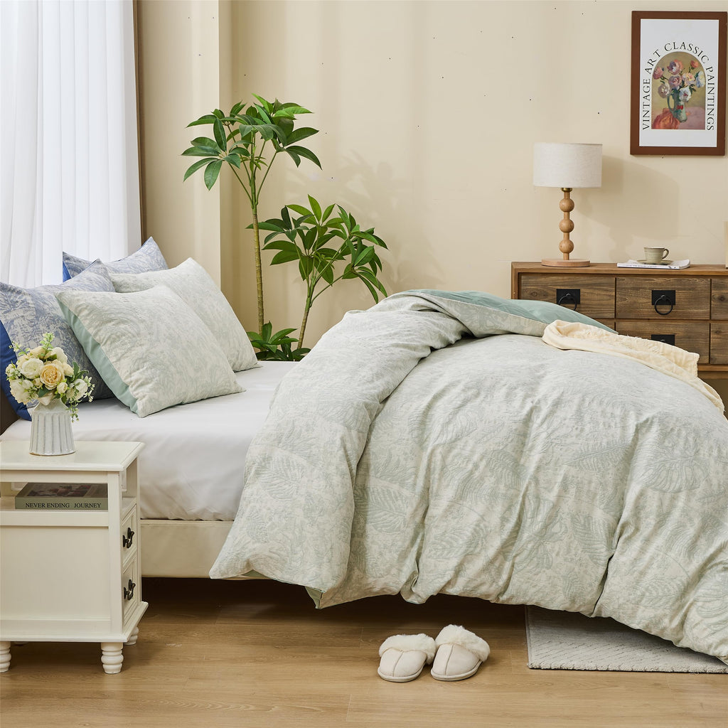 Jacquard Floral Duvet Cover Set 3 Pcs, 100% Cotton Muslin Yarn-Dyed Textured Bedding Set with Button Closure Soft