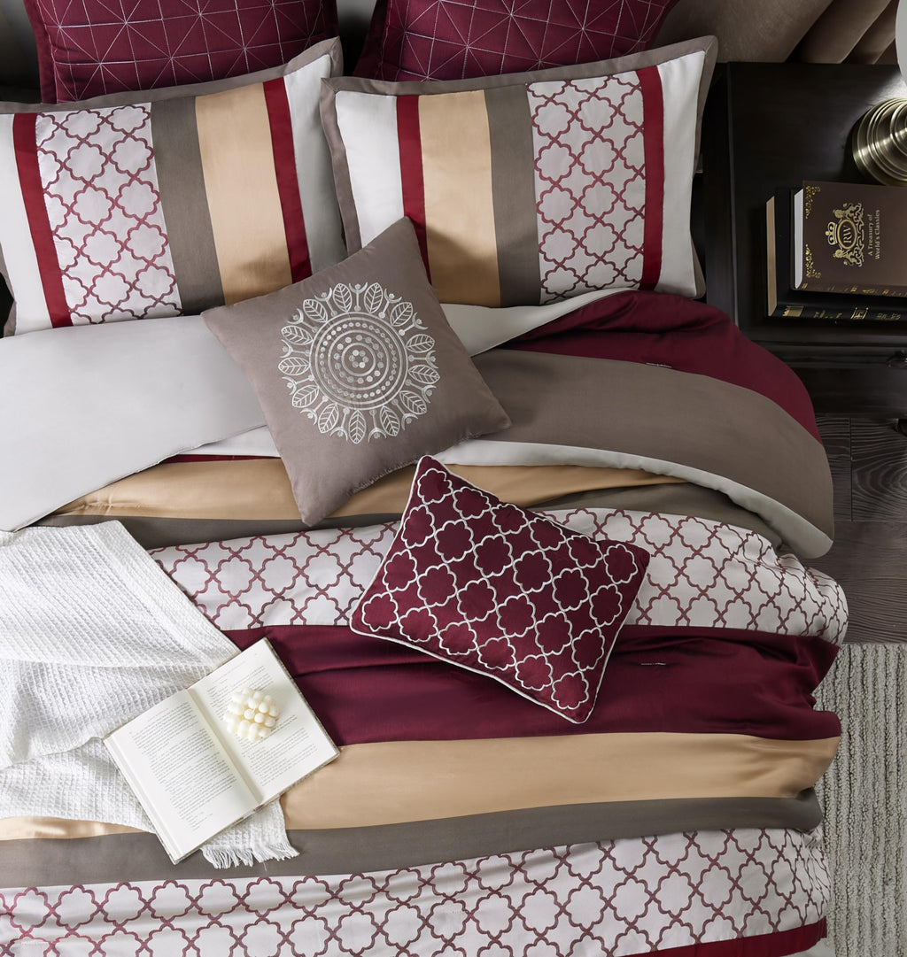 Modern Berry Taupe Comforter Set, Geometric, Jacquard 8 Pieces Bedding Sets All Season with Comforters, Bed