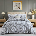 Damask Duvet Cover Set, Gray White, 100% Cotton, 90"x90"