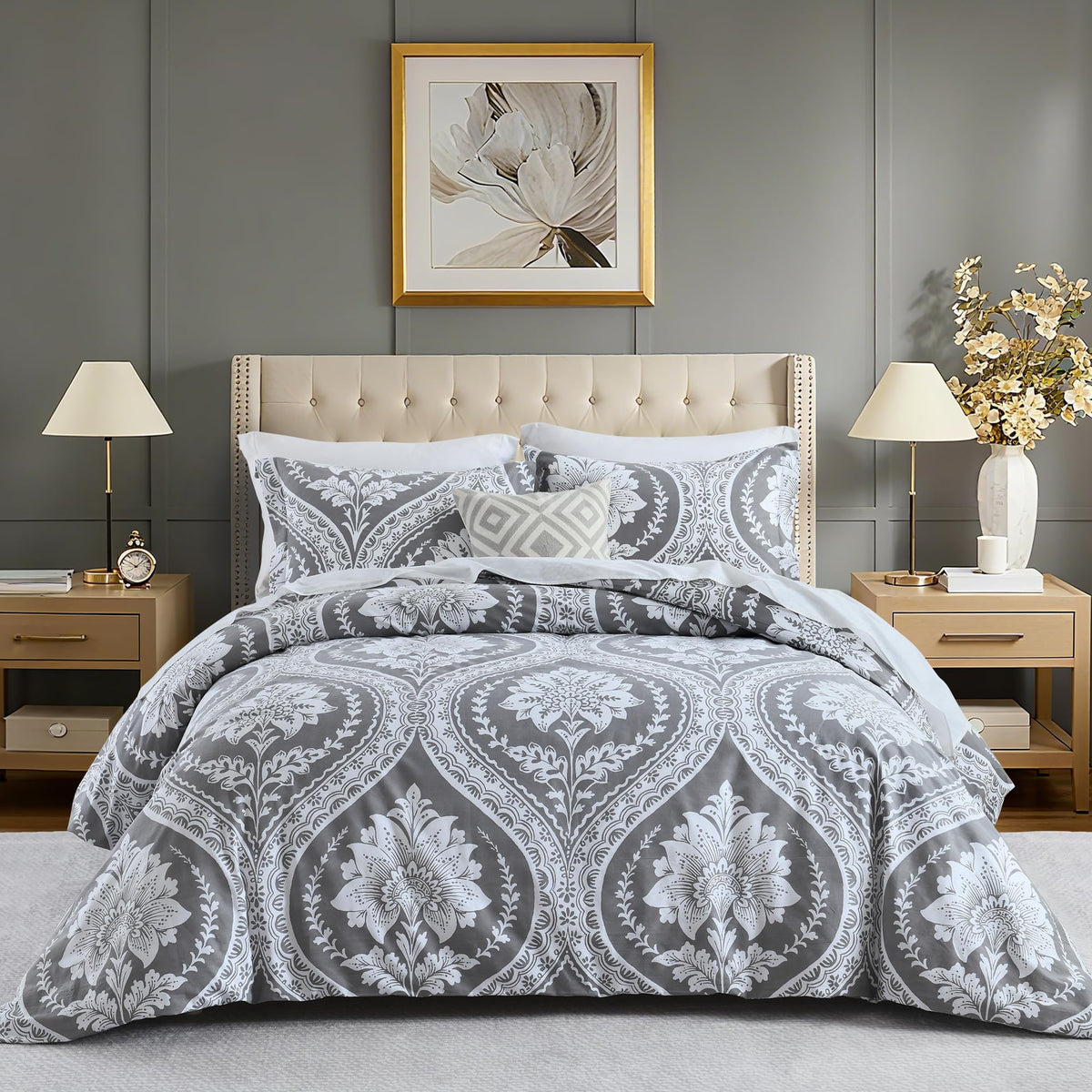 Damask Duvet Cover Set, Gray White, 100% Cotton, 90"x90"