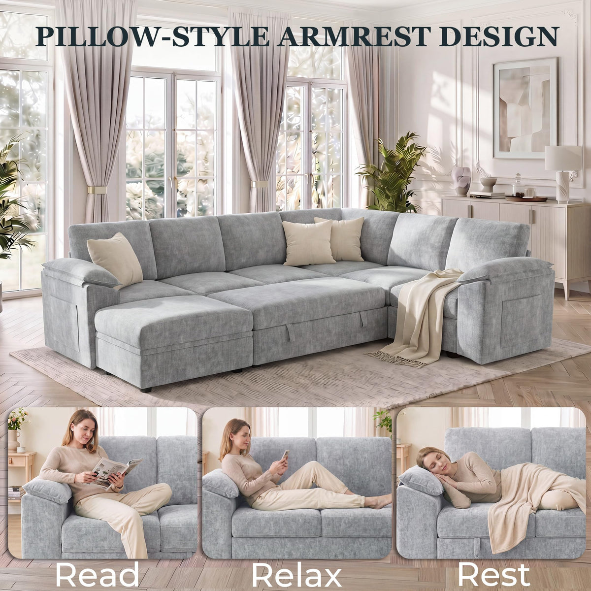 108 Inch Modular Sectional Sofa, Sleeper Sectional with Pull Out Couch Bed