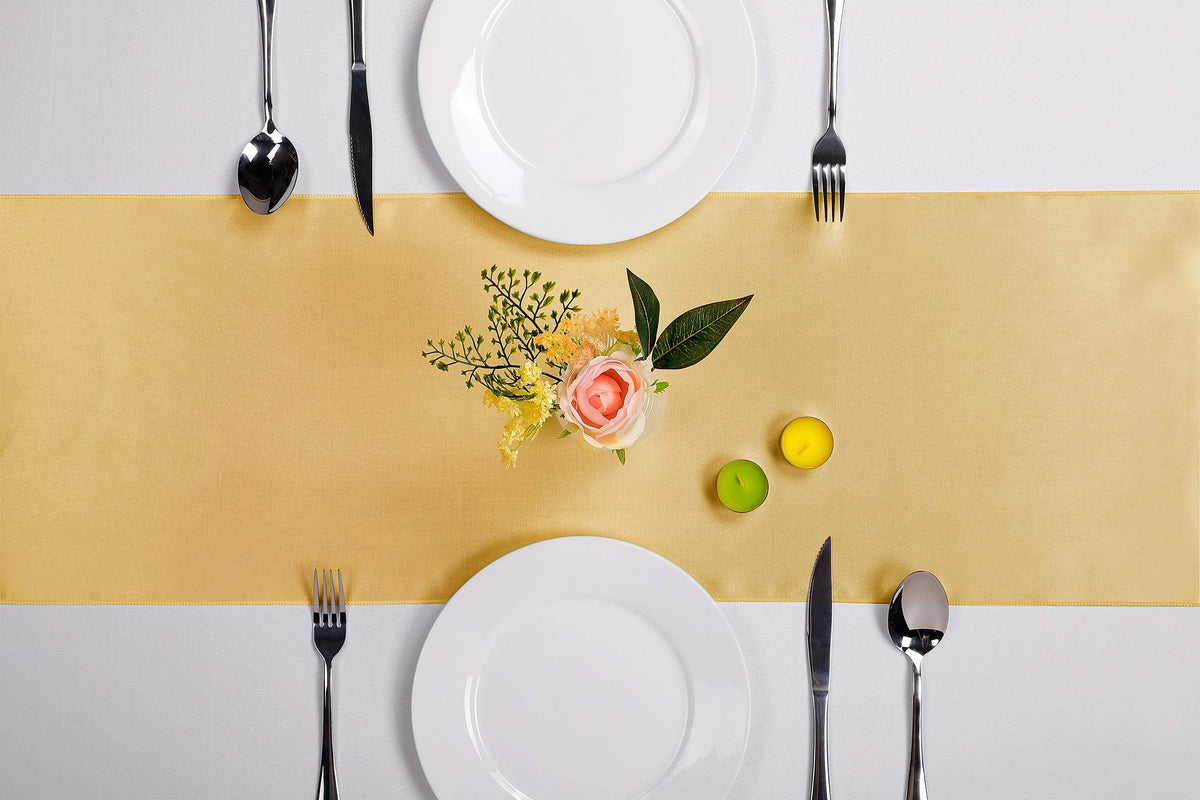 10-Pack Satin Table Runner Light Gold 12 x 108 inches Long, Table Runners for Wedding, Birthday Parties, Banquets