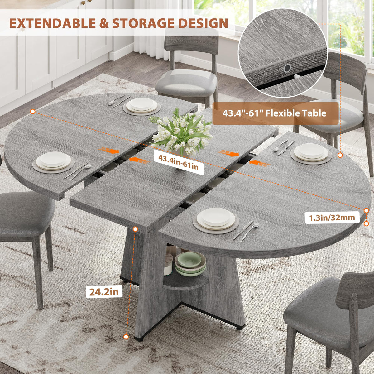 Inspired Saarinen Style Extendable Dining Table, Round Kitchen Dining Room Dinner Table with for 4 6 8 People, Space Saving Modern Oval