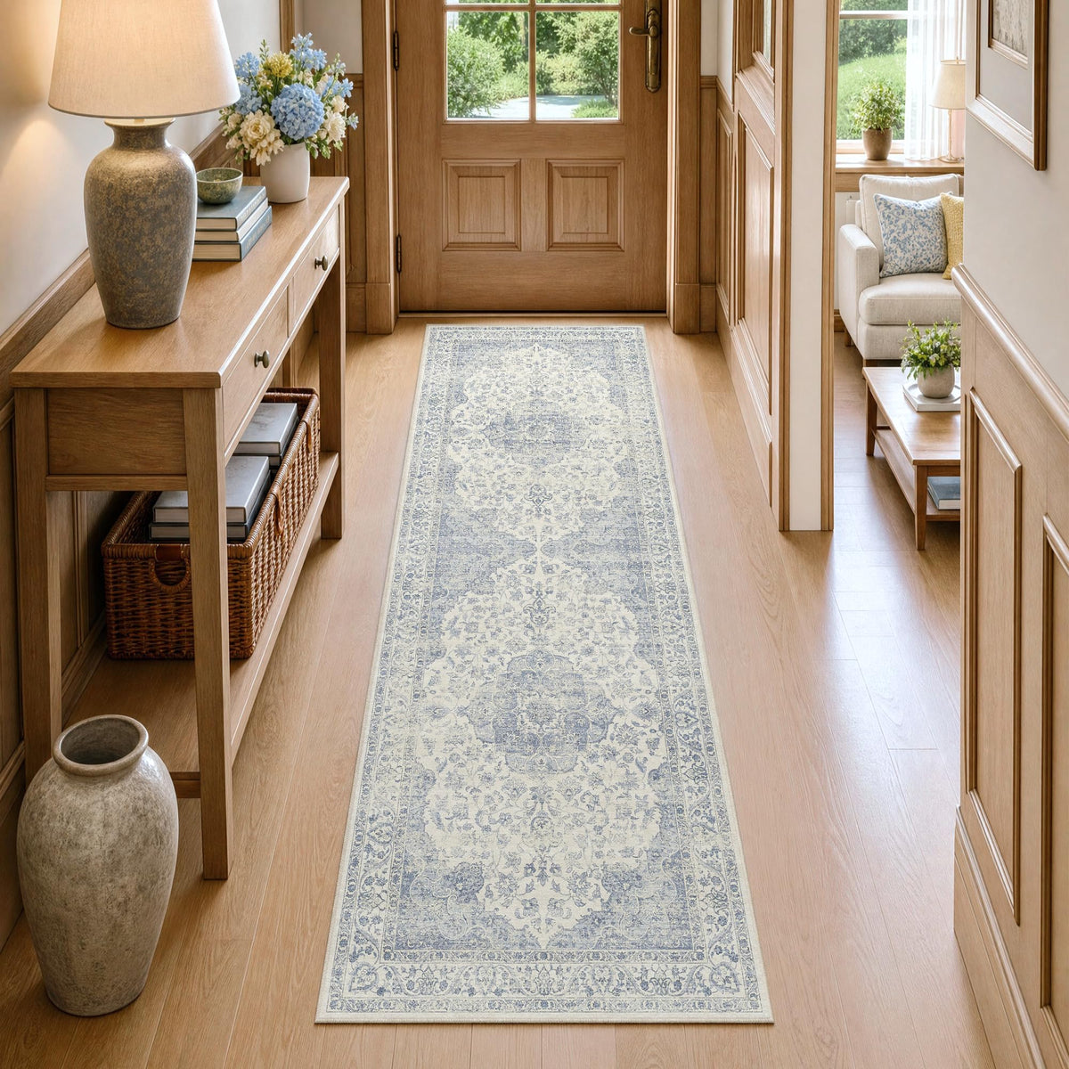 Hallway Runner Rug Washable Blue Neutral Vintage Distressed