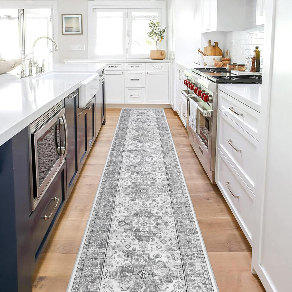 Hallway Runner Rug 2'6'' x 14', Washable Kitchen Runner, Vintage Grey