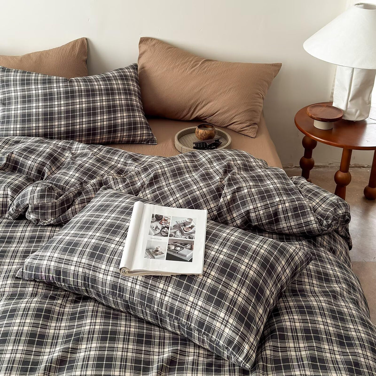 Dark Gray-Black & Beige Buffalo Plaid Duvet Cover Set