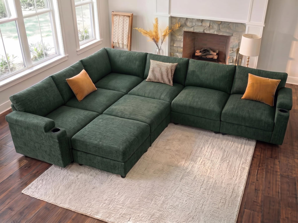 Sectional couches, Oversized Modular Cloud U Shaped Couch, FSC Certified Chenille, Removable Chaise Sofa (Green, U