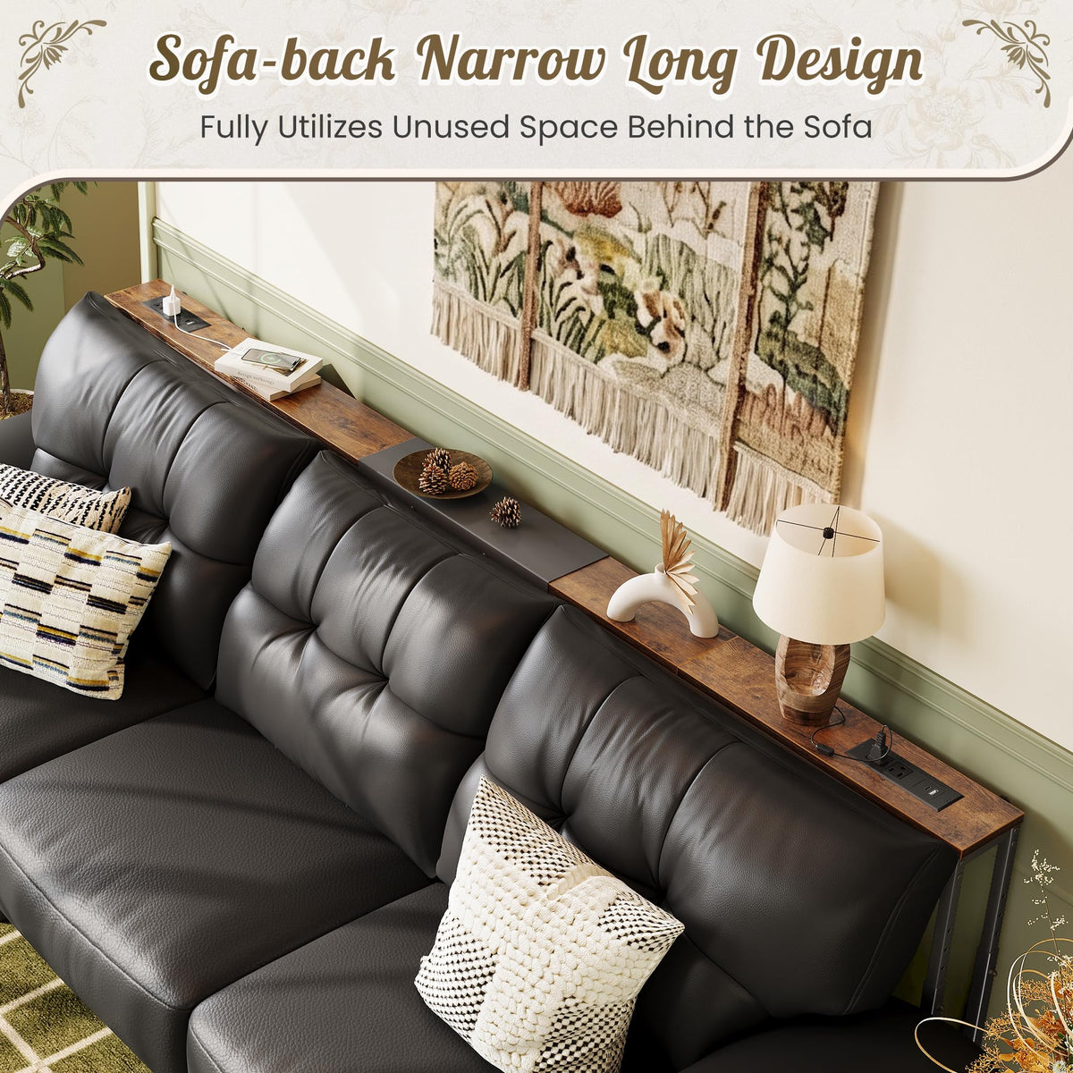 Narrow Console Table with Power Outlets & USB-C, Rustic Brown