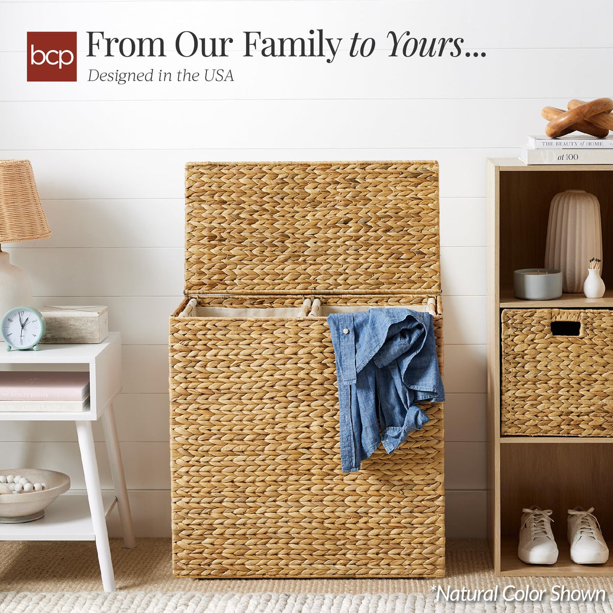 Large Laundry Hamper with Lid, Natural Handwoven Hyacinth Laundry Basket, W/Removeable & Washable Liner Bag
