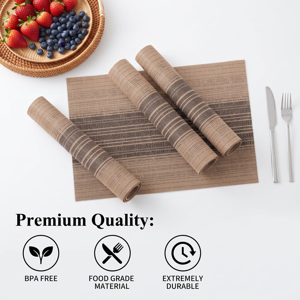 Placemats Set of 8, Washable Vinyl Woven Placemats, Heat Resistant & Wipeable Table Mats Dining Table (Brown)