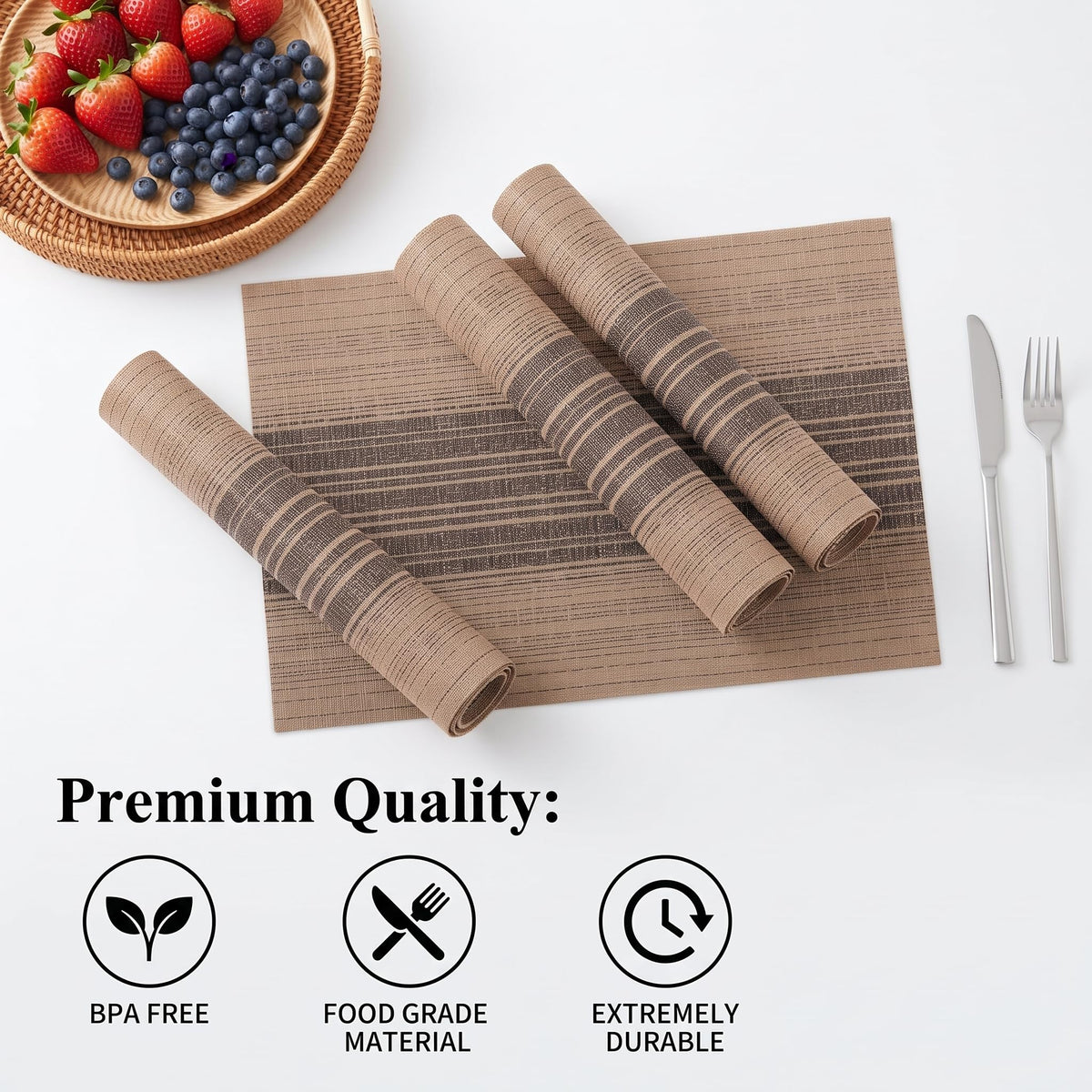 Placemats Set of 8, Washable Vinyl Woven Placemats, Heat Resistant & Wipeable Table Mats Dining Table (Brown)