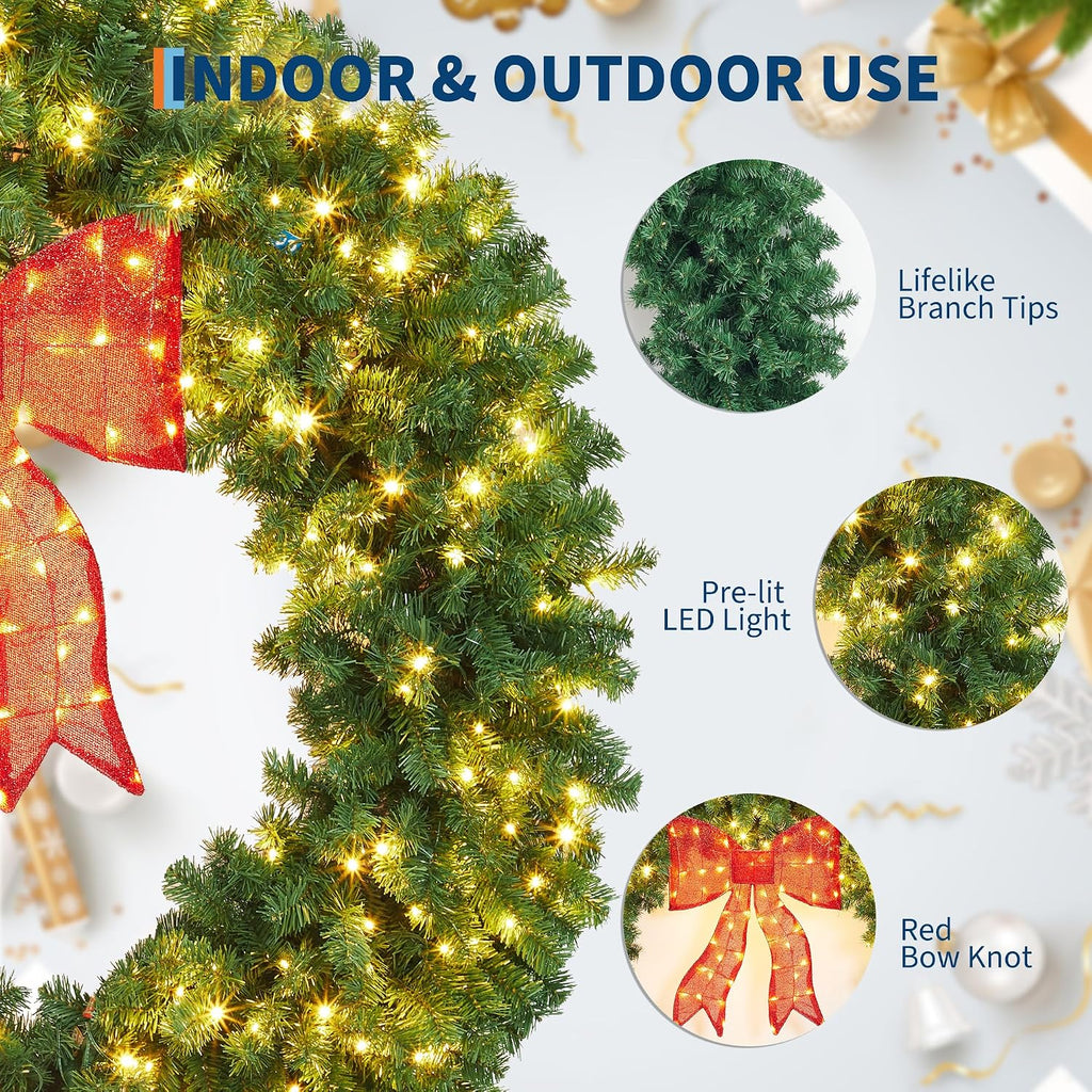 48in Pre-Lit Artificial Christmas Wreath with Bow