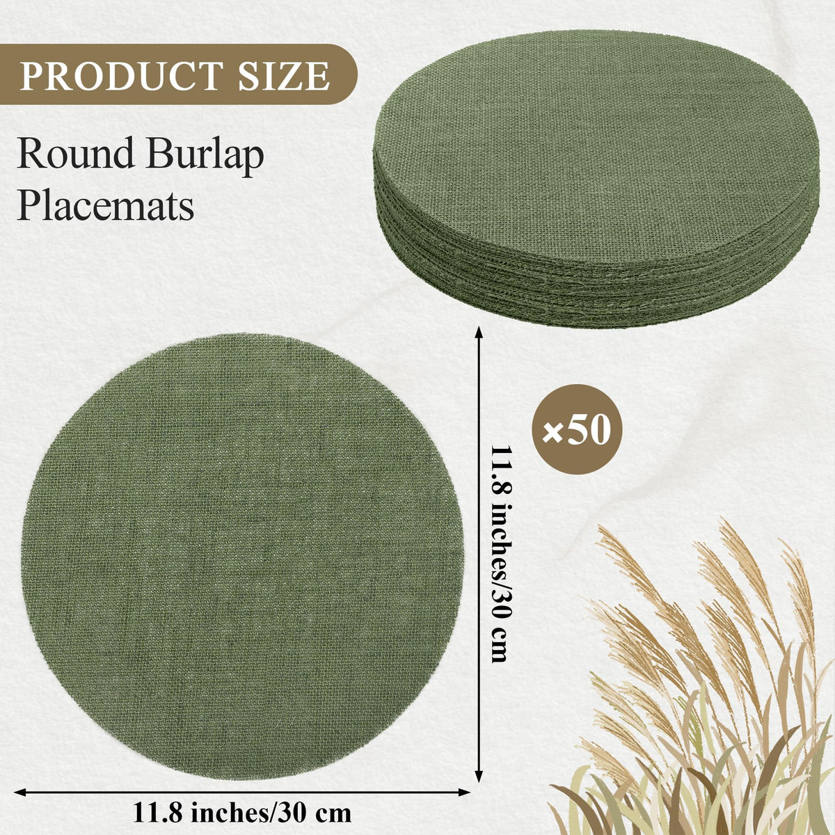 50 Pieces Round Burlap Placemats 11.8 Inch Reusable Sage Green Table Mats Heat Resistant Natural Jute Fibers
