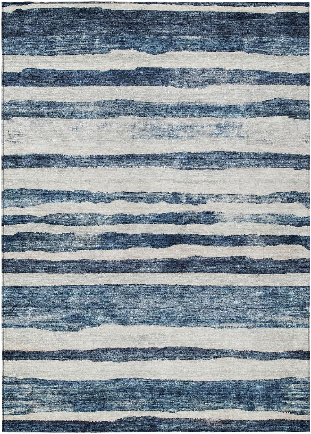 3' X 5' Denim Blue and Gray Striped Washable Indoor Outdoor Area Rug