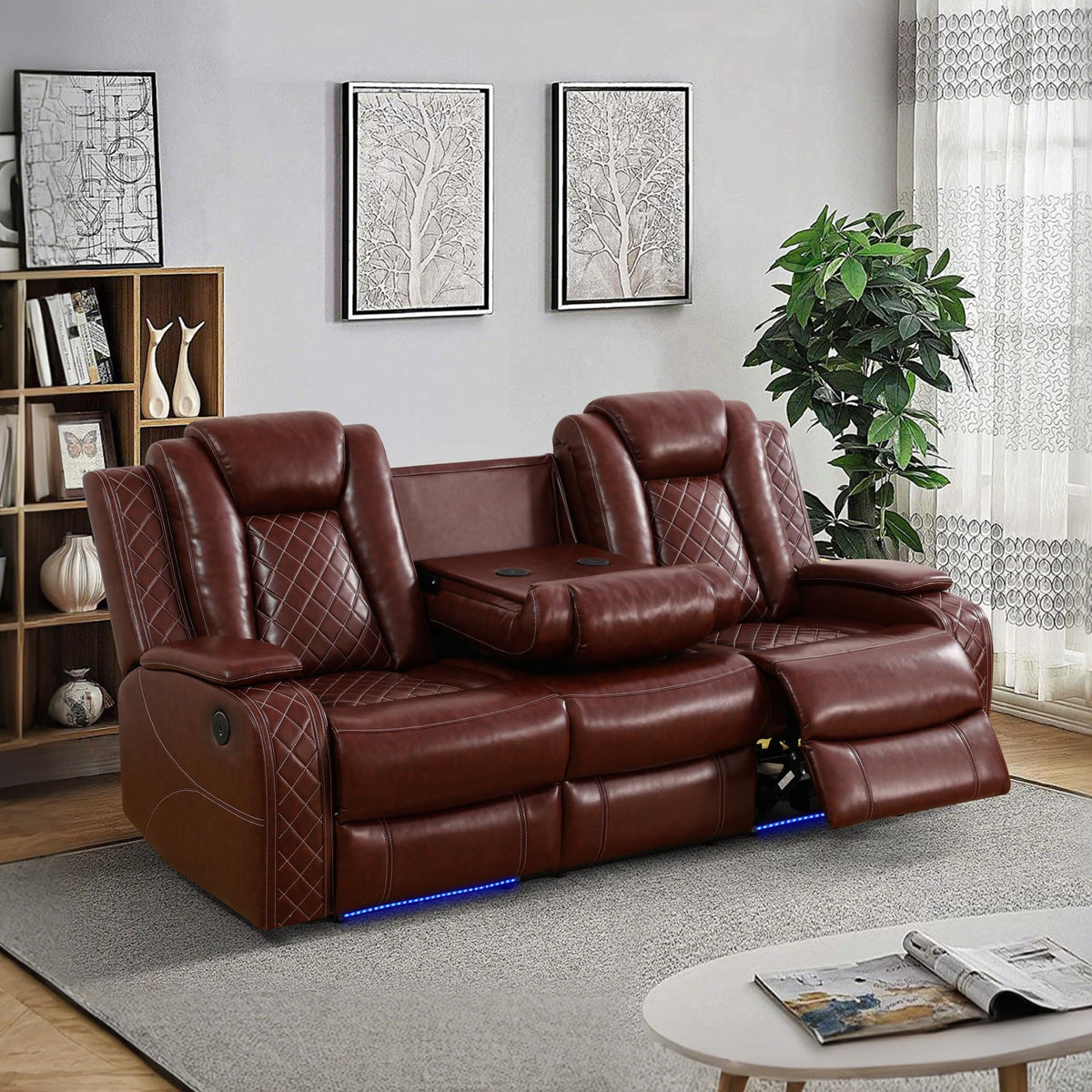 Power Recliner Sofa with LED Lights, Leather Power Reclining Sofa, Living Room 3-Seater Couch with with USB Power