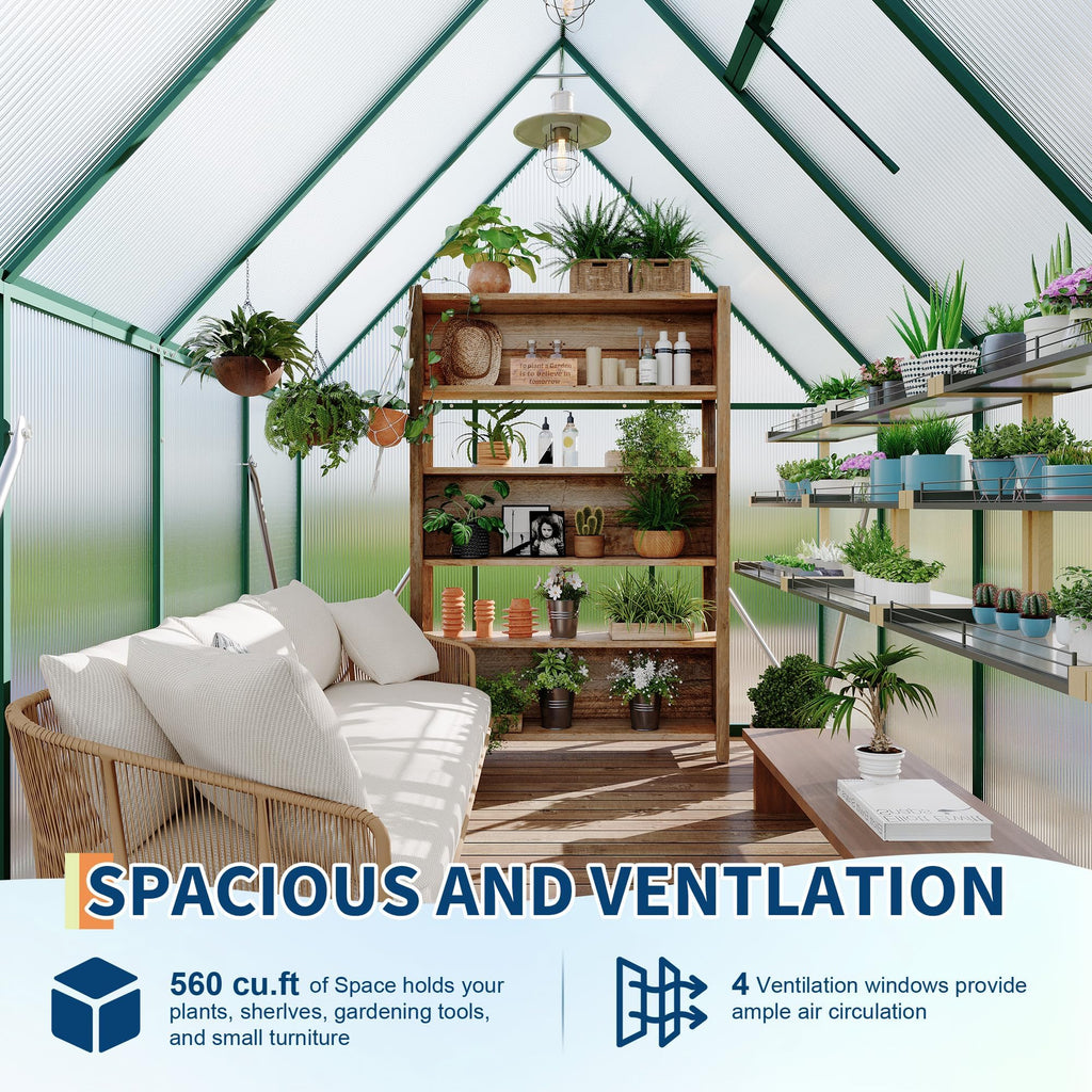 6x7 FT Outdoor Greenhouse, Polycarbonate Greenhouse with Roof Vent and Ground Nails, Aluminum Large Walk-in Green