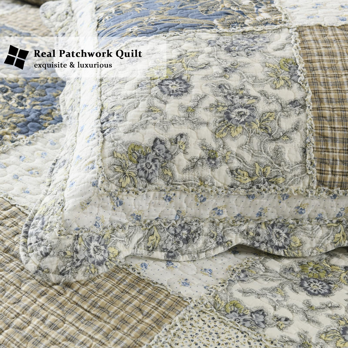 Quilt Set Reversible Country Farmhouse Floral Real Patchwork Quilted Bedspread 3-Piece Quilt Set with