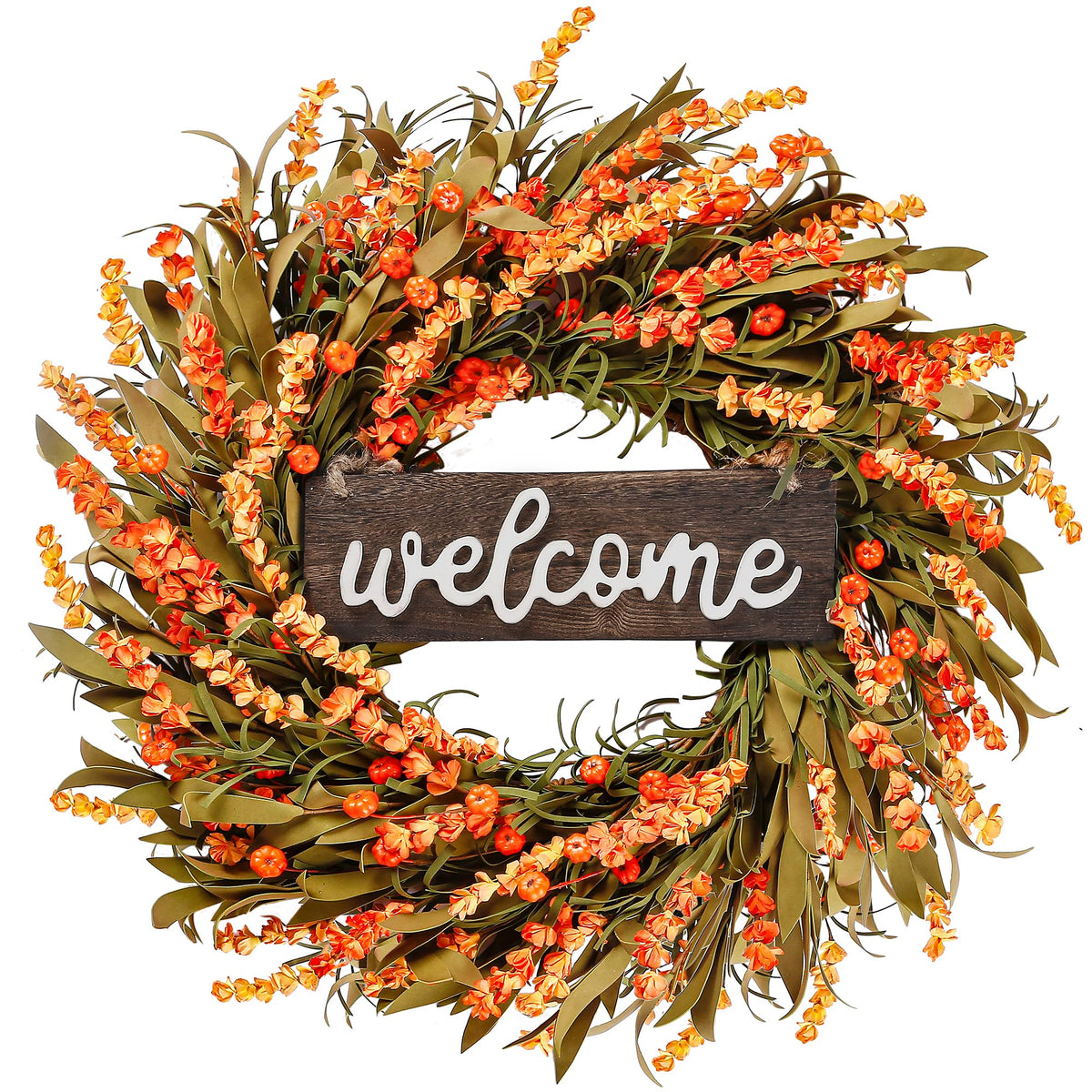 Artificial Fall Wreath - 22'' Autumn Front Door Wreath with Harvest Foam Leaves, Small Pumpkins for Outside, Indoor