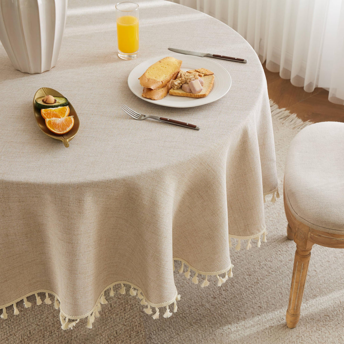 Tassel Linen Round Table Cloth, Natural 60 Inch