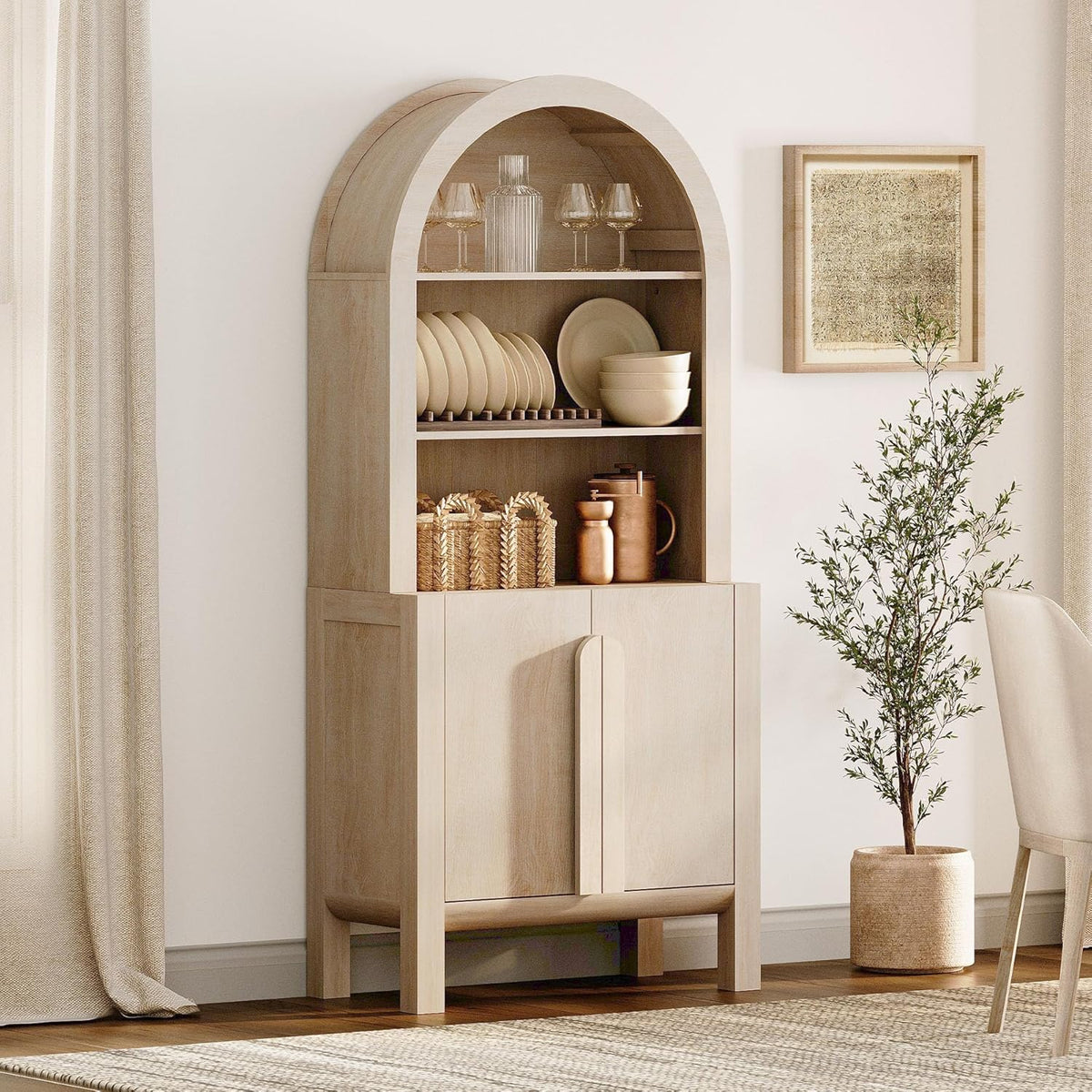71" Tall Arched Kitchen Pantry Cabinet, 5 Tiers Modern Farmhouse Bookcase with Doors and Adjustable Shelves, Wood