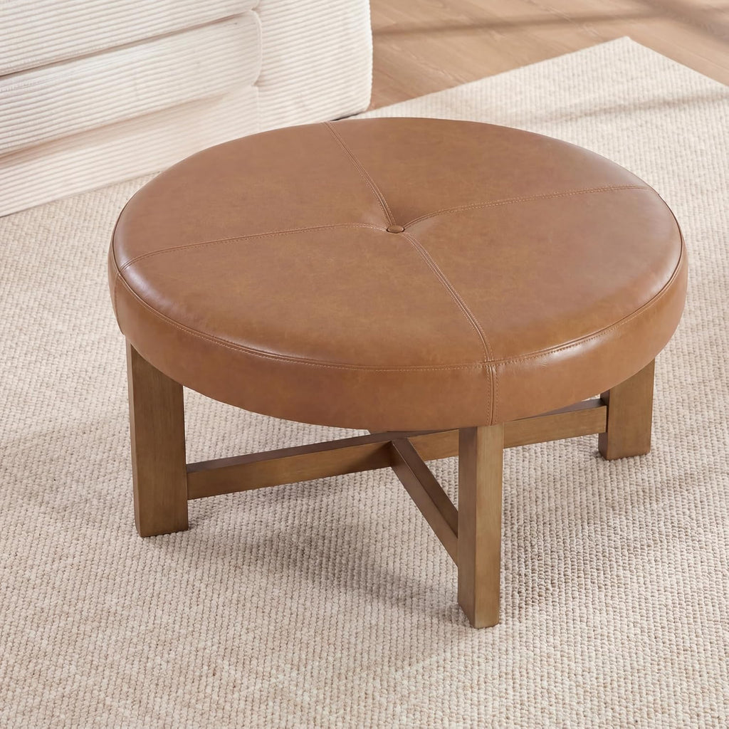 35" Round Leather Ottoman Coffee Table with Wood Cross Base, Light Brown