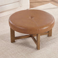35" Round Leather Ottoman Coffee Table with Wood Cross Base, Light Brown